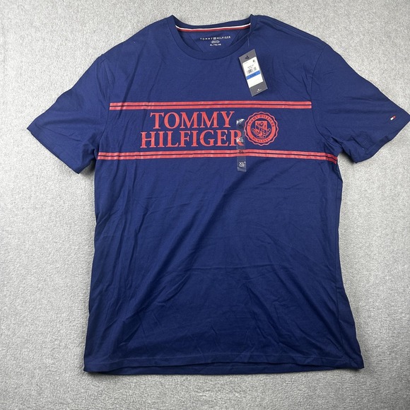 Tommy Hilfiger Shirt Mens XL Blue Red Crest Logo Crewneck Tee Spell Out Cotton - Picture 1 of 7